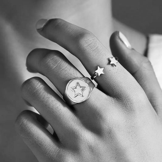 anillo acero plateado estrellas ajustable