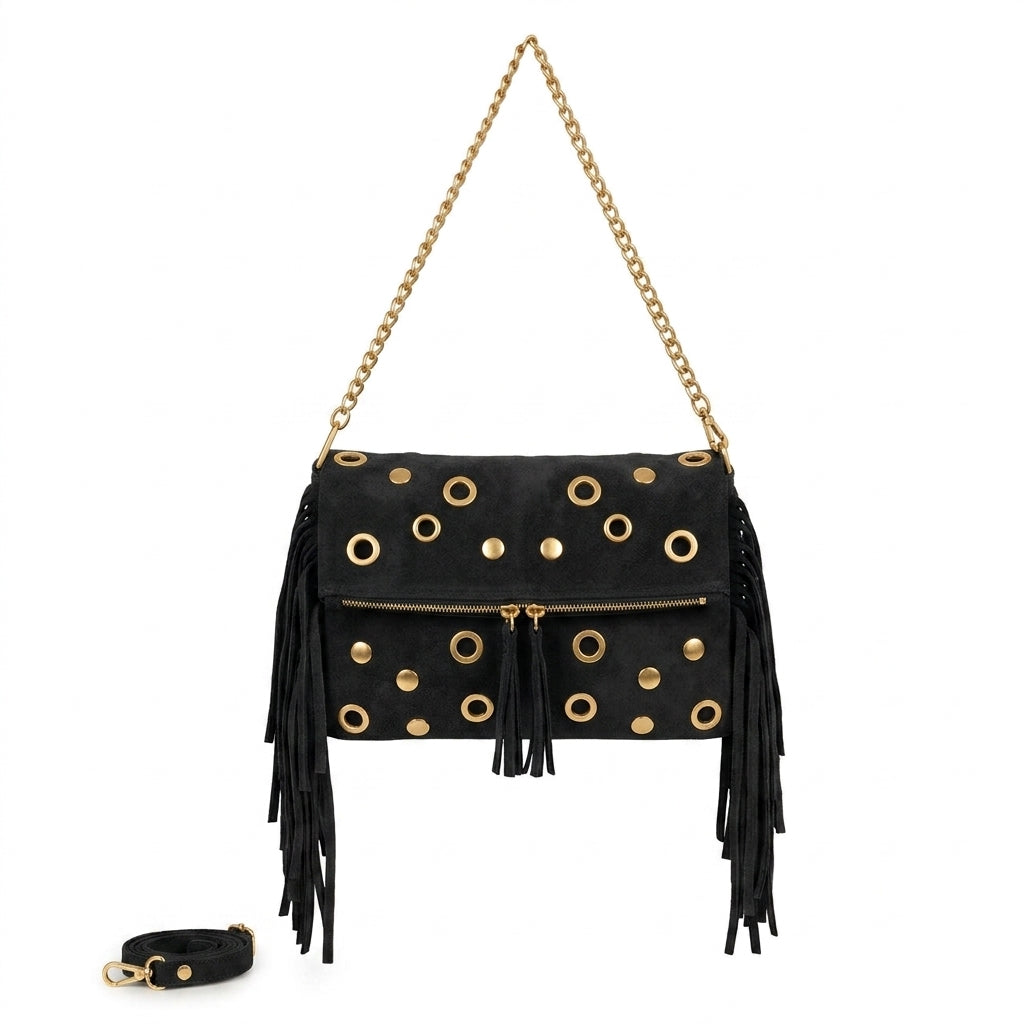 bolso corto y bandolera piel ante flecos