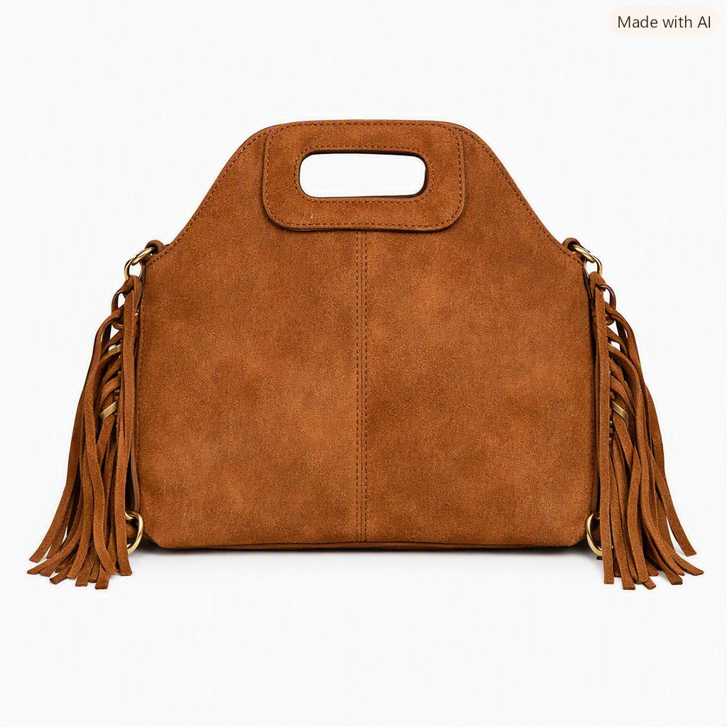 bolso flecos piel antelina marron