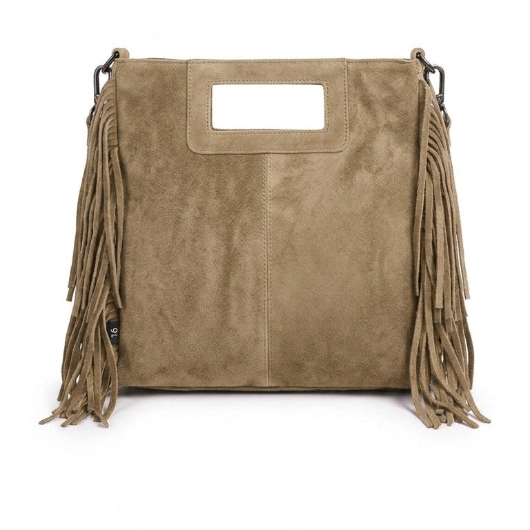 bolso cuadrado de flecos arena