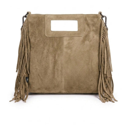 bolso cuadrado de flecos arena