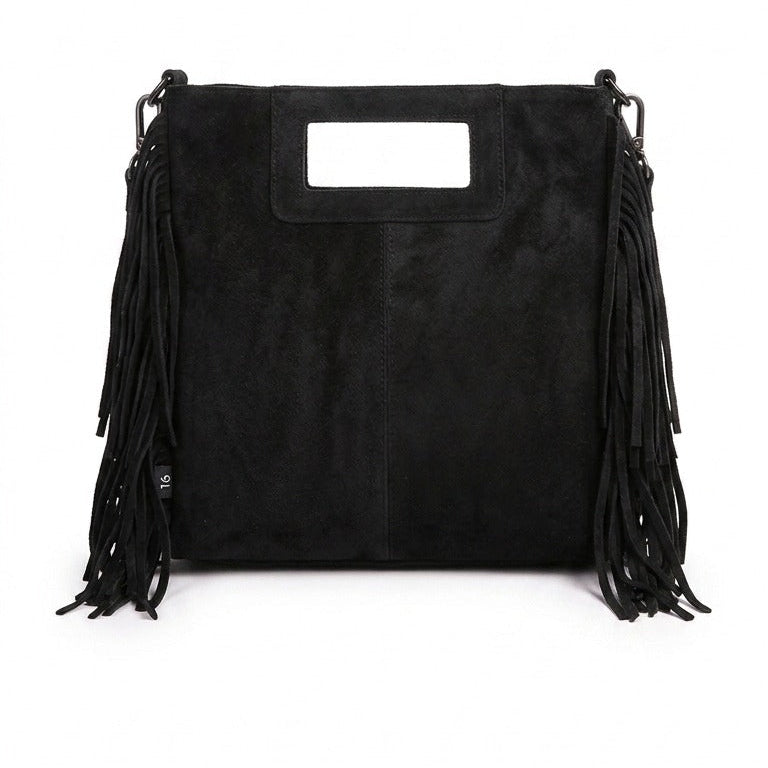 bolso negro de flecos piel antelina cuadrado