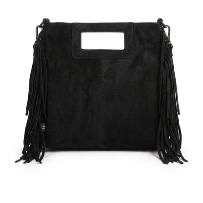 bolso negro de flecos piel antelina cuadrado