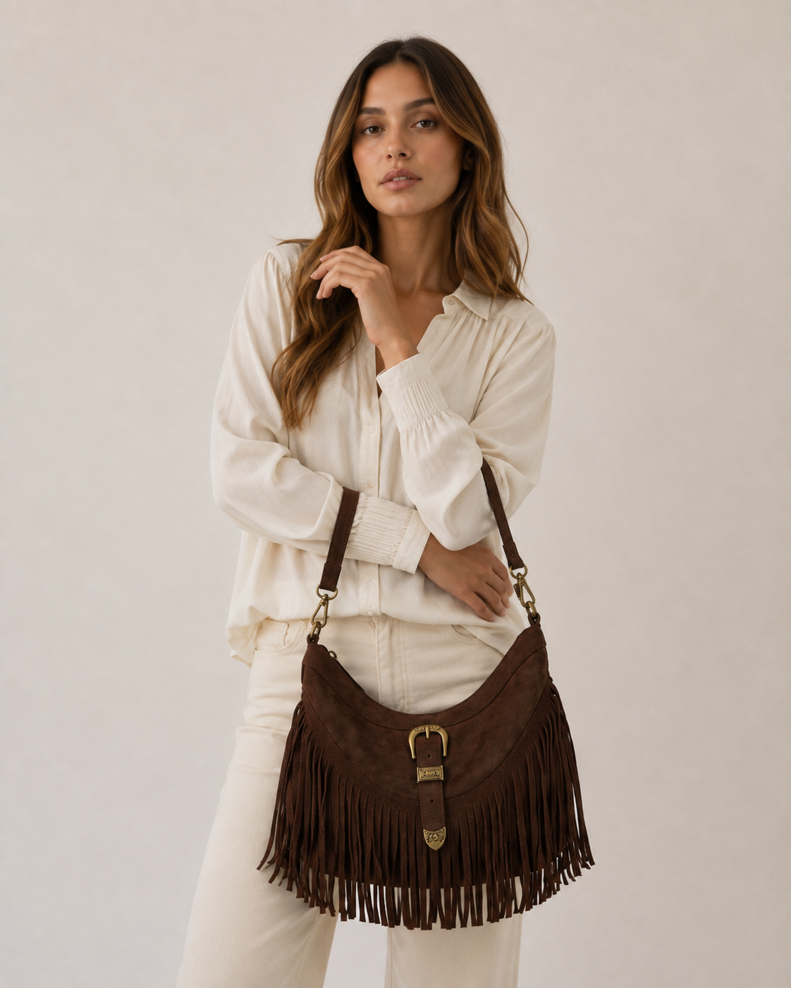 bolso flecos evilla marron chocolate cafe