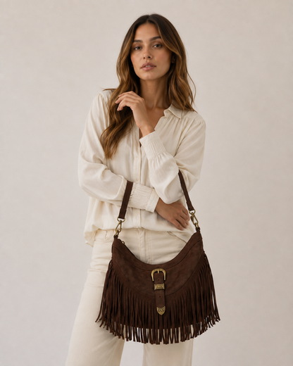 bolso flecos evilla marron chocolate cafe