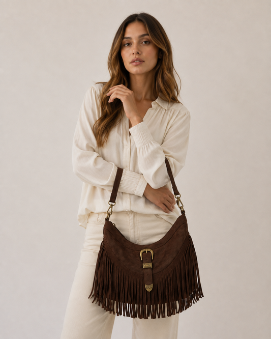 bolso flecos evilla marron chocolate cafe