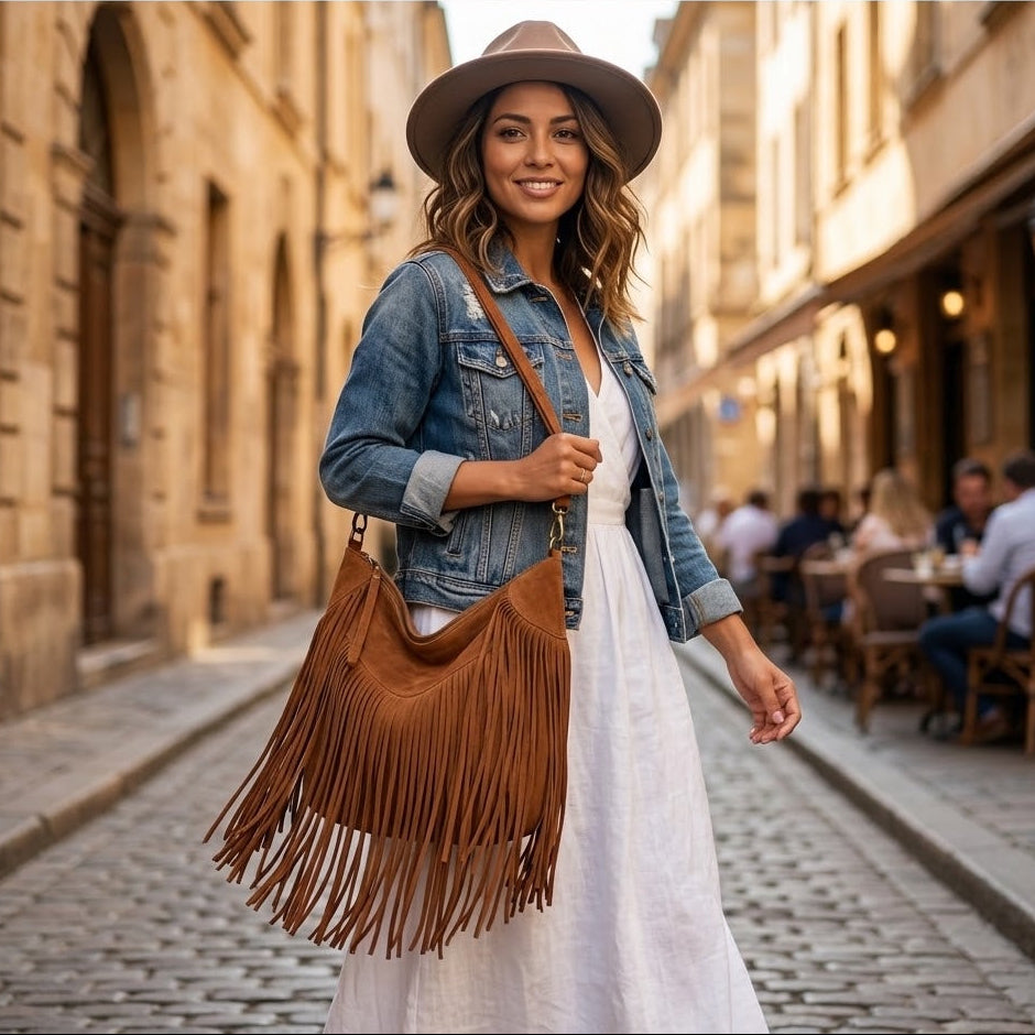 bolso grande antelina marron, negro