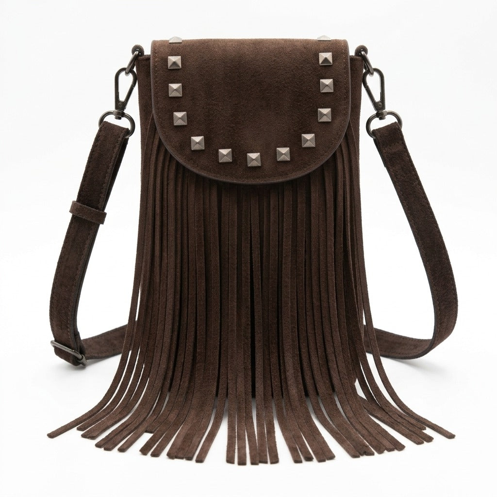 marron chocolate bolso flecos pequeño bandolera