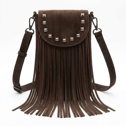 marron chocolate bolso flecos pequeño bandolera