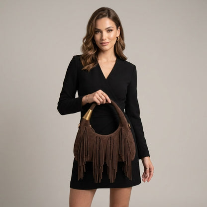 bolso de flecos de mano, y largo bandolera