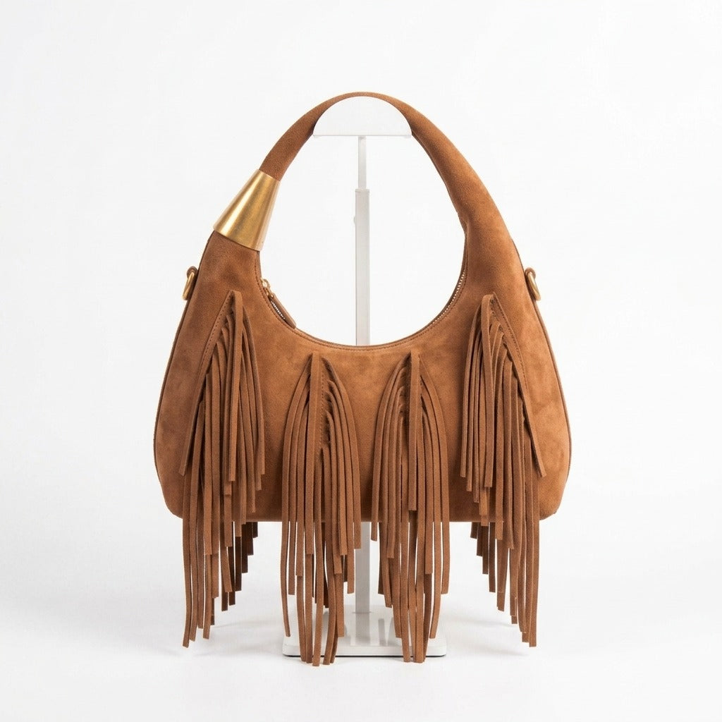 bolso de flecos marron con correa larga