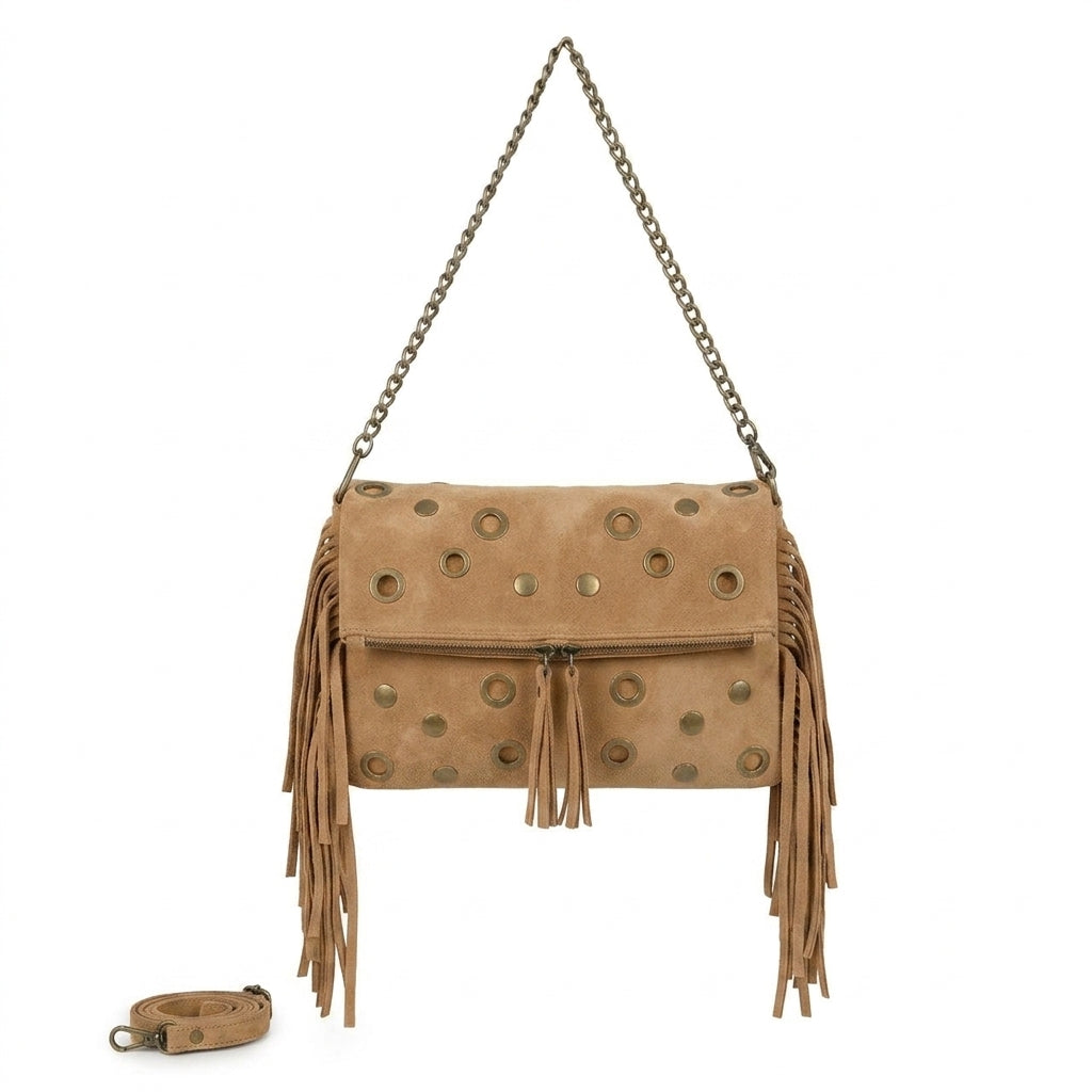bolso bandolera corto y largo marron clarito arena